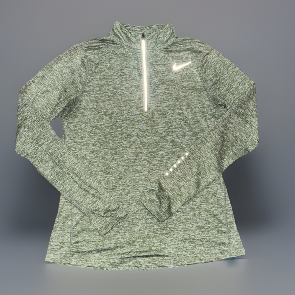 Nike Woman’s Dry Fit, Half Zip Pullover Top Reflective Dots Green Heather Grey